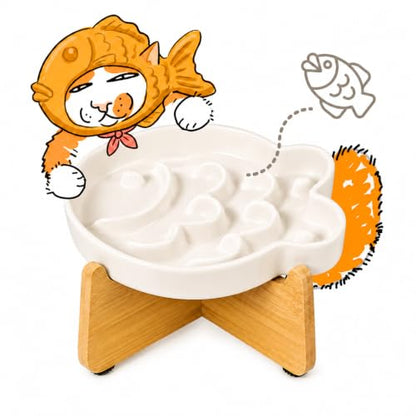Elevated Slow Feeder Cat Bowl with Stand, 6.3''Ceramic Fish Maze Cat Food Bowl, Raised Whisker Friendly Wide Shallow Cat Dish for Wet & Dry Food, Non Slip Puzzle Feeder for Cats & Small Dogs (White) - color: White with Stand