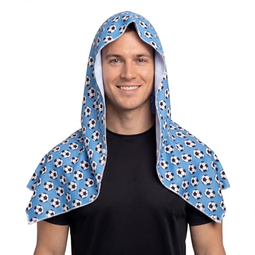 Cooling Hooded Towel for Soccer Fans & Outdoor Work, Sky Blue | Printed soccer cooling wrap, instant chill, light breathable washable, for game cheer, run, cycle & construction work - color: Sky Blue
