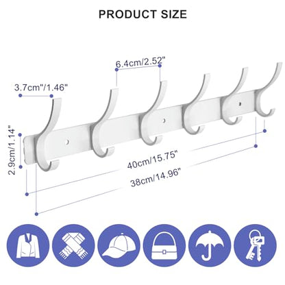 Coat Rack Wall Mounted,6 Coat Hooks for Hanging Coats,Heavy Duty Metal Double Hook Rack Hook Rail,Coat Rack with Hooks,Wall Mount Coat Hanger for Hat Towel Purse Robes (2 Pack White, 6 Hooks) - color: 2 Pack White