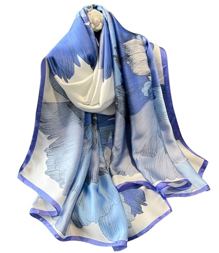 Womens 100% Large Mulberry Silk Scarf Long Satin Scarf Fashion Lightweight Wraps - color: Big Blue Flowers