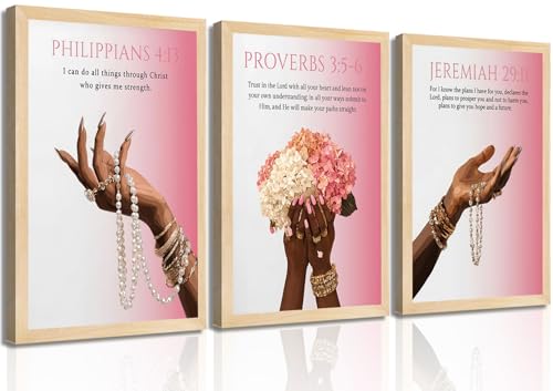 3Pcs Unframed Pink Christian Wall Art Black Girl Fashion Scripture Religious Posters Prints Trendy Preppy Bible Verse Pictures Wall Decor for Girl Room Bedroom Home Living Room Decorations - color: Hydrangea, size: 16L"x12W"Poster