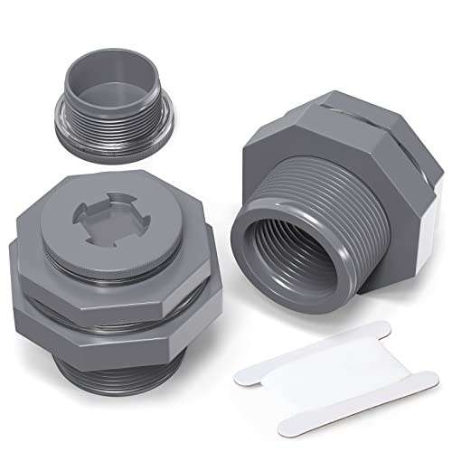 2PCS Black PVC 1'' Bulkhead Tank Connector Adapter Fitting with Plugs & Gasket for Water Tank, Rain barrels, Aquariums, Bathtubs and Sink