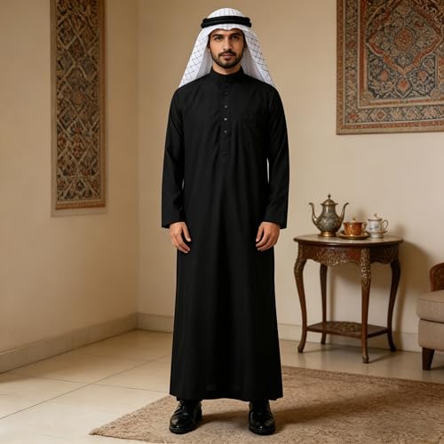 Men's Black Muslim Thobe, Long Sleeve Stand Collar Robe for Prayer & Daily Wear - size: 60