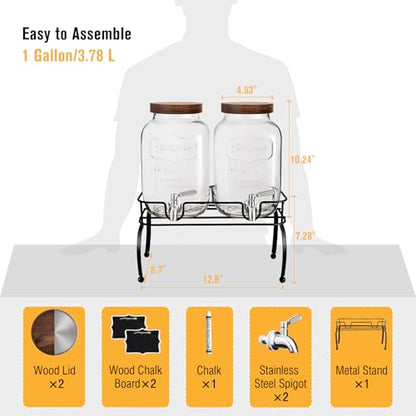mustry Glass Drink Dispenser for Parties, 1 Gallon Beverage Dispenser with Stand and Spigot Solid Stainless Steel, Used as Lemonade Dispenser Sun Tea Jar Kombucha Jar, Set of 2 - size: Double, with Stand