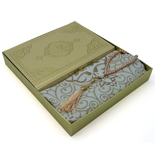 Modefa Prayer Rug Islamic Gift Set - Holy Quran in Arabic - Velvet Box with Quran and Tesbih (Gold) - color: Gold