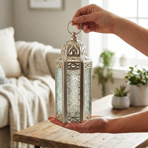 Vela Lanterns Decorative Indoor Moroccan Candle Holder, White Gold, M, 2PK | Ramadan Decorations for Home, Turkish Votive Pillar Lamp, Boho Champagne Tealight Centerpiece, Eid Diwali, 10.5in Tall
