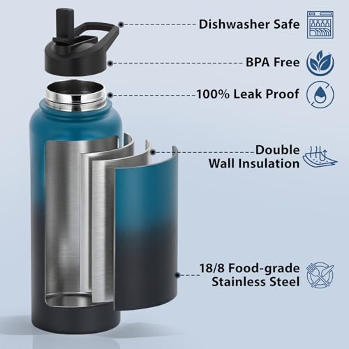 Water Bottle, BPA Free Insulated Stainless Steel, 32oz, Dual lids, Keep Cold 24H, Large Flask, Wide Mouth, Double Wall Metal Sport Drink Bottle, Hiking, Gym, Camping, Deep Teal & Onyx - color: Deep Teal & Onyx