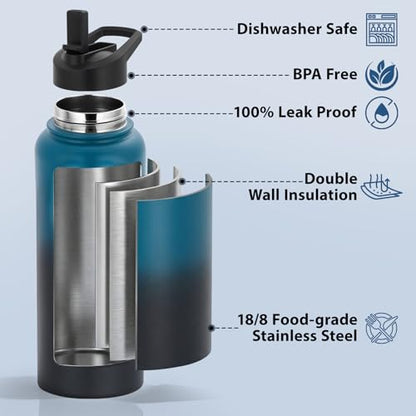 Water Bottle, BPA Free Insulated Stainless Steel, 32oz, Dual lids, Keep Cold 24H, Large Flask, Wide Mouth, Double Wall Metal Sport Drink Bottle, Hiking, Gym, Camping, Deep Teal & Onyx - color: Deep Teal & Onyx