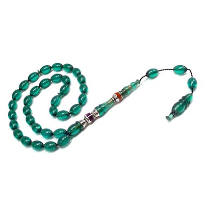 EXCLUSIVE COLLECTION -Handmade Silver Engraved Bakelite Tesbih, Tasbih, Islamic Rosary, Islamic Prayer Beads, Misbaha (7x10mm 33 Teal Green Beads) - color: 7x10mm 33 Teal Green Beads