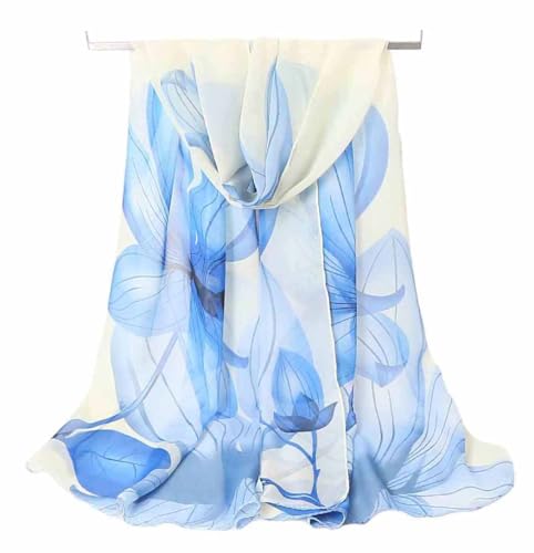 Xyueanlo Women's Chiffon Scarf Lightweight Scarves Fashion Elegant Floral Print Scarfs Shawls - color: Flower White Blue