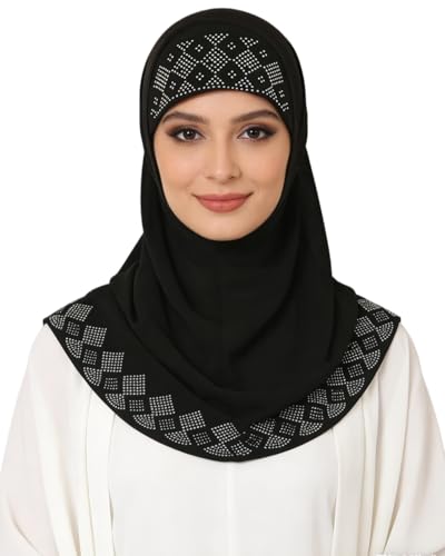 ZGMYC Women Shiny Rhinestones Muslim Hijab Elegant Long Turban Cap Head Wrap Scarf - color: Black