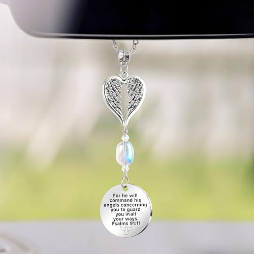 Angel Car Charms Rear View Mirror Accessories Christian Car Jewelry,Guardian Angel Hanging Ornament,Bible Religious Gifts,Rear View Mirror Accessories for Women Teen Girls Friends(Psalm 91:11) - style: Psalm 91:11