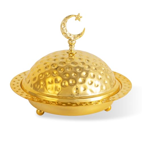 Gold Metal Ramadan Serving Trays with Lid, 6.8" Eid Mubarak Date Holder Food Bowl Dishes Tray Plates Dining Table Centerpieces Decor, Islamic Decorations for Home, Ramadan Gift for Muslim