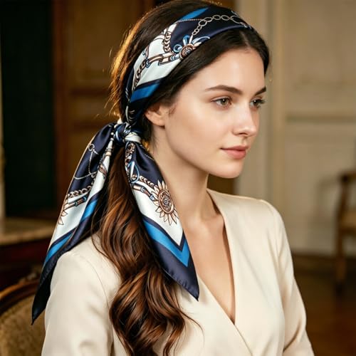 DRESHOW 35” Large Square Satin Head Scarf - 4Pcs Silk Accessories Classic Patterned Squares Beach Bandanas for Women - color: 4 Pcs Printed: Navy Blue, Black, Coffee, Dark Green