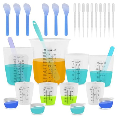 Silicone Resin Mixing 1L Measuring Cup Set for Resin Supplies, Easy-to-Read Marks, 1000ml/32oz Large Cup, 500&250&100ml Thickened Reusable Silicone Cups for Epoxy Mixing, Jewelry Making - size: 1000+500+2*250+4*100ml (Black Marks)