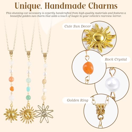 3 Pack Sun Rear View Mirror Hanging Accessories, Hanging Sun Charm with Healing Crystal, Boho Car Charms, Healing Mirror Decor Cute Accessories for Women (Retro)