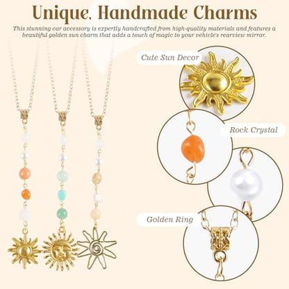3 Pack Sun Rear View Mirror Hanging Accessories, Hanging Sun Charm with Healing Crystal, Boho Car Charms, Healing Mirror Decor Cute Accessories for Women (Retro)