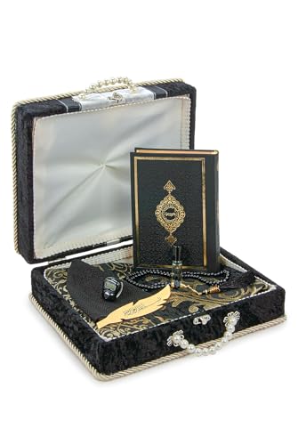 ihvan online, Muslim Prayer Rug Set, Arabic Quran, Prayer Beads, Mens Kufi Hat, Tasbeeh Counter, Islamic Scent, Dowry Gift Box for Men & Women, Janamaz, Salah Mat Gifts Set Wedding, Ramadan, Black - color: Black