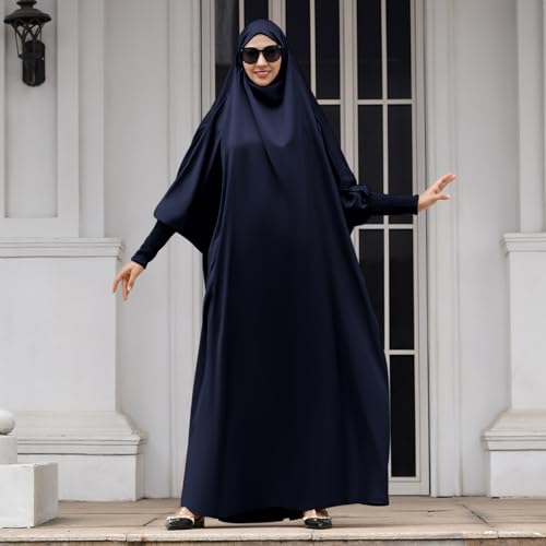 IDOPIP Muslim Abaya for Women One Piece Long Sleeve Islamic Prayer Dress with Hooded Hijab Maxi Kaftan Robe Modest Clothes - color: Navy Blue