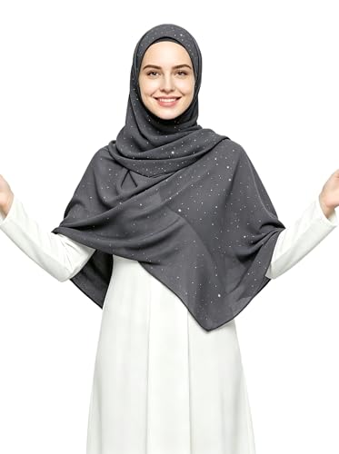 Lina & Lily Sparkle Shimmer Gold Glitter Women's Chiffon Hijab Head Scarf Shawl Wrap Lightweight - color: Dark Gray