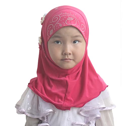 Instant Hijab for Kids Girls Hijabs Muslim Islamic Head Scarf with Rhinestone and Flowers - color: Rose Red