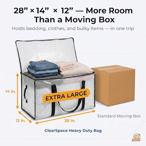 ClearSpace Heavy Duty Moving Bags - Water Resistant Storage Bags with Backpack Straps, Zippers and Handles - Large Moving Boxes for College Dorm, Travel, Closet Organization - 6 Pack, Clear | Heavy-duty moving bags with backpack straps, zippers, and handl