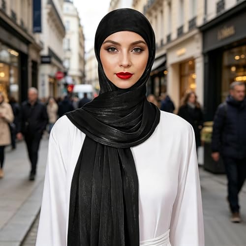 Premium Hijab Head Scarf for Women Lightweight Shimmer Hijab Head Wrap Scarves Crepe Satin Scarf Shawl Wrap - color: Black