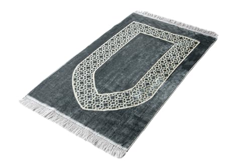 ihvan online Luxury Velvet Muslim Prayer Rug, Janamaz, Thick Soft Sajadah, Portable Travel Prayer Carpet Mat, Islamic Gift for Eid, Ramadan, Hajj & Umrah, Grey - color: Grey