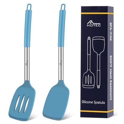 HOTEC Silicone Spatula Set of 2 Heat-Resistant 600°F & BPA-Free Kitchen SaptulaTurner with Stainless Steel Handles, Slotted & Solid Spatulas for Nonstick Cookware, 13.7 Inch, Blue - color: Blue