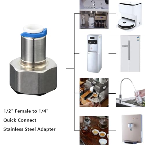 1/2" Female to 1/4" Push Connect Tube Quick Connector, Stl, for RO | Durable SS quick connector for RO systems & beverage dispensers. Designed for a secure, leak-proof water tight fit. - style: 1/2" F to 1/4" PTC