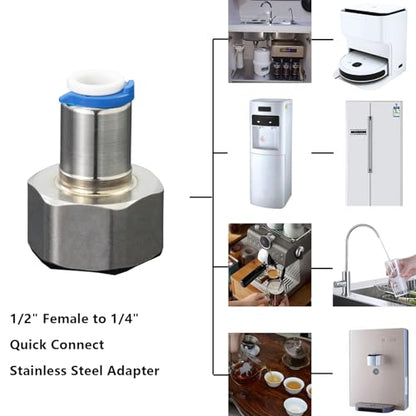 1/2" Female to 1/4" Push Connect Tube Quick Connector, Stl, for RO | Durable SS quick connector for RO systems & beverage dispensers. Designed for a secure, leak-proof water tight fit. - style: 1/2" F to 1/4" PTC