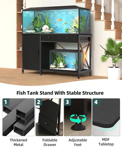 55-75 Gallon Aquarium Stand with Cabinet Drawer, Power Outlet,Black | Fish Tank Stand,Heavy Duty Metal for Turtle Tank , Reptile Terrarium,Fits Office Home,48"x 19"MDF Tabletop,1200lbs Capacity - color: Blcak, size: 55-75 Gallon