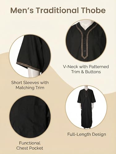 Mens Kaftan Thobe V-Neck Half Sleeve Muslim Robe Dubai Long Gown Saudi Arab Thobe Robes for Summer Beach - color: Black, size: Large