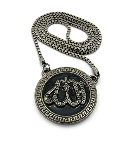 Iced BLACK ALLAH MUSLIM Medal Bling Pendant & 3mm 30" Box Chain Hip Hop Necklace