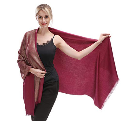 LMVERNA Women's Sparkling Metallic Soft Pashmina Shawls and Wraps Scarf in Solid Colors - color: Maroon-glod