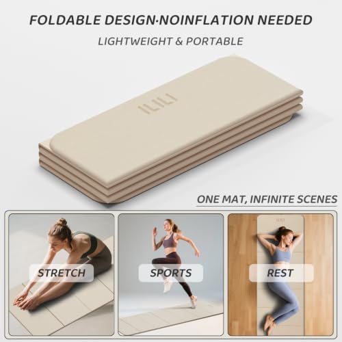 ILILI Foldable Yoga Mat 71 * 24 * 0.3 Inch | Lightweight TPE Non Slip Exercise Mat, Waterproof Portable Fitness Mat for Home Gym, Pilates, Stretching & Daily Workouts - color: Beige