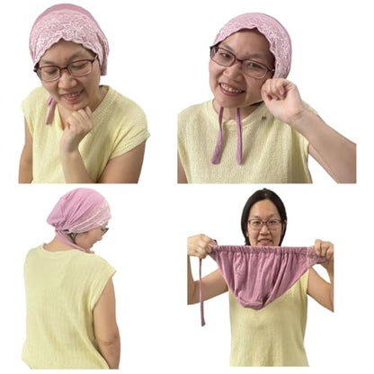3Pack Islamic Muslim Under Hijab Cap Inner UnderScarf for women Lace Under Scarf Hat Hijab Cap with Tie - color: Skin Pink Light Grey Purple