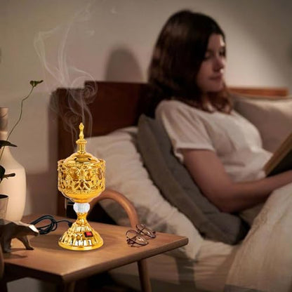 Golden Electric Incense Burner, Arabian Style Electric Incense Holder with US Plug, Middle Eastern Tabletop Decorative Censer for Yoga Spa Home Office Christian Church Decor