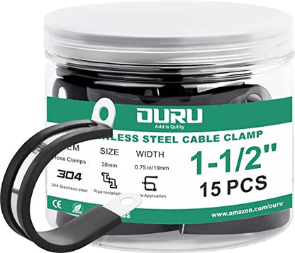 OURU 1-1/2 Inch Cable Clamps, Rubber Coated Insulated Clamps, 15pcs, 38mm | 304 Stainless Steel, Anti-Vibration, Rust Resistant, Secure Hold, Automotive Wire, Pipe & Tube Mounting, Cable Management - size: 15pcs - 1-1/2"
