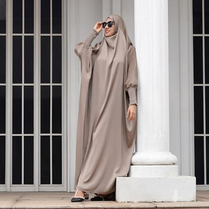 IDOPIP Muslim Abaya for Women One Piece Long Sleeve Islamic Prayer Dress with Hooded Hijab Maxi Kaftan Robe Modest Clothes - color: Light Khaki
