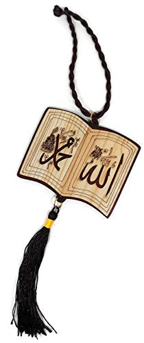 Book Shape Islamic Car Rear Mirror Hanging Ornament AMN089 Allah Muhammad Arabic Name Calligraphy on Wooden Pendant with Decorative Tassel Muslim Gift
