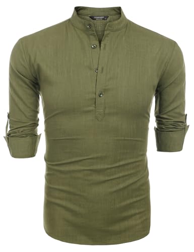 COOFANDY Men's Cotton Linen Henley T-Shirt Long Sleeve Hippie Casual Beach T-Shirts - color: Army Green, size: XX-Large