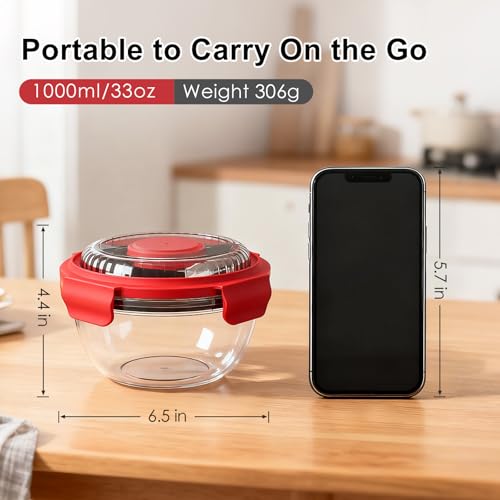 WHALEHOUSE Clear Eco-friendly SK chemicals ECOZEN Salad Container, 33OZ Portable Plastic Salad Bowls with Lid & Snack Tray, Leak-Proof Dressing Container, Reusable Fork, Lunch Box for Meal Prep (Red) - color: Red