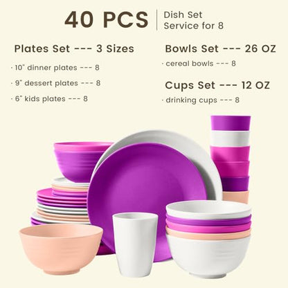Homienly 40-Piece Wheat Straw Dinnerware Set, Reusable Plates and Bowls Sets, Alternative to Plastic Dishes Set-Dinner Plates with Textured Pattern, Bowls, Cups, Dishwasher Safe - Pink Flower - color: Pink Flower, size: 40 PCS