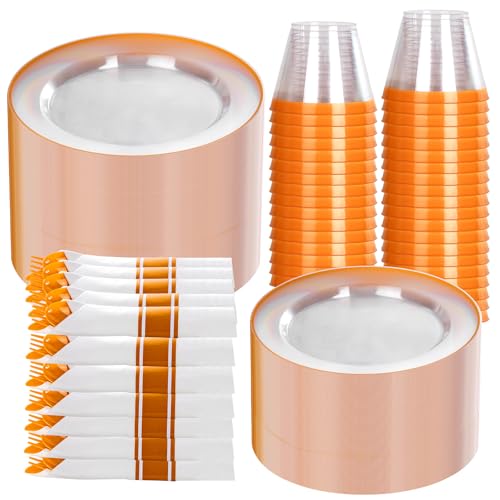 SUT 350Pcs Orange and Clear Plastic Dinnerware Set for 50 Guests, Include: 50 Dinner Plate, 50 Dessert Plates, 50 Pre Rolled Napkins With Silverware, 50 Cups, Disposable Plates for Party - color: Clear Orange, size: 350PCS