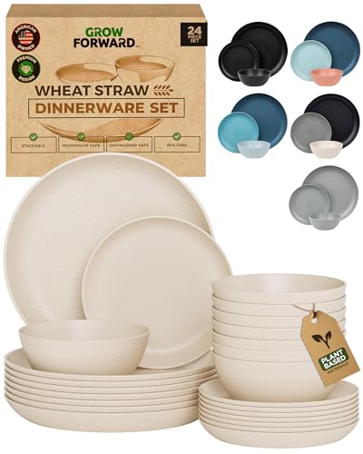 Grow Forward 24-piece Premium Wheat Straw Dinnerware Sets for 8 - Unbreakable Dishwasher & Microwave Safe Plastic Plates and Bowls Sets - Patio, Outdoors, RV, Camping Dishes - Sahara - color: Sahara Beige