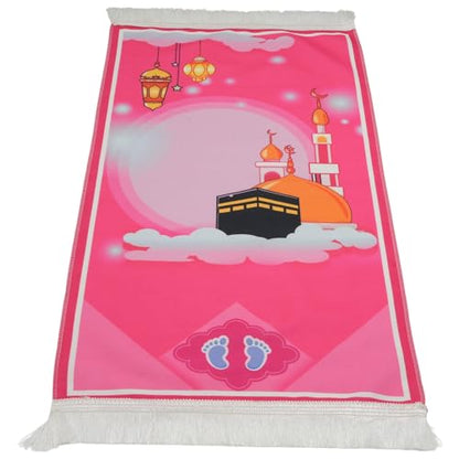 Modefa Turkish Islamic Child Prayer Rug Gift Set - Thin Praying Carpet for Boys and Girls - Muslim Digital Print Kids Prayer Mat Gift Ramadan or Eid with Tesbih Prayer Beads - Pink