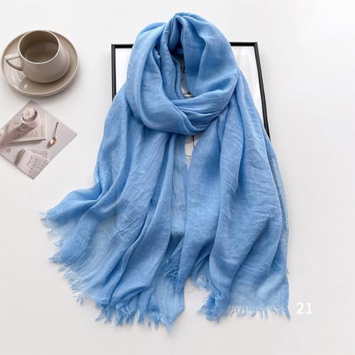 Solid color cotton and linen scarf, wrinkled all season versatile long sunscreen fashionable shawl - color: Light Blue