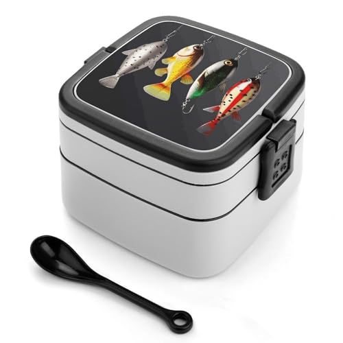 Various Type of Fishing Baits Lunch Box Snack Containers with Lids, 2 Compartment Snackle Box Container, Leak-Proof Reusable Food Storage Container for Travel, Meal Prep, Camping, 1000ml