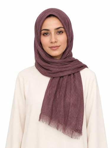 Lightweight Rayon Scarf with Cotton Linen Texture – Breathable Wrinkle Hijab, Vintage Dyed Wrap Shawl - color: Medium Purple